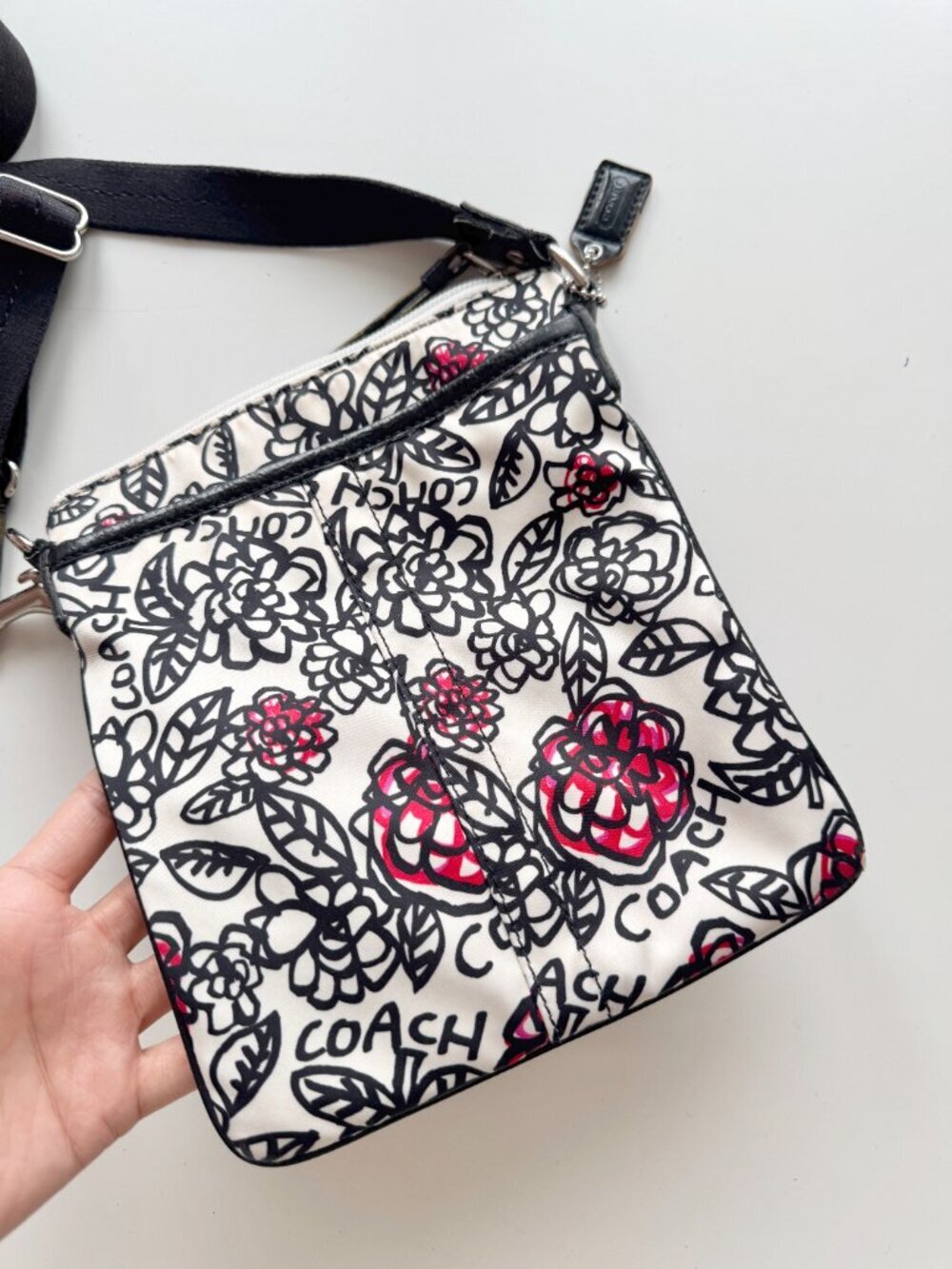 COACH White Black Floral Graffiti Nylon Leather Trim Crossbody Purse - Picture 3 of 16